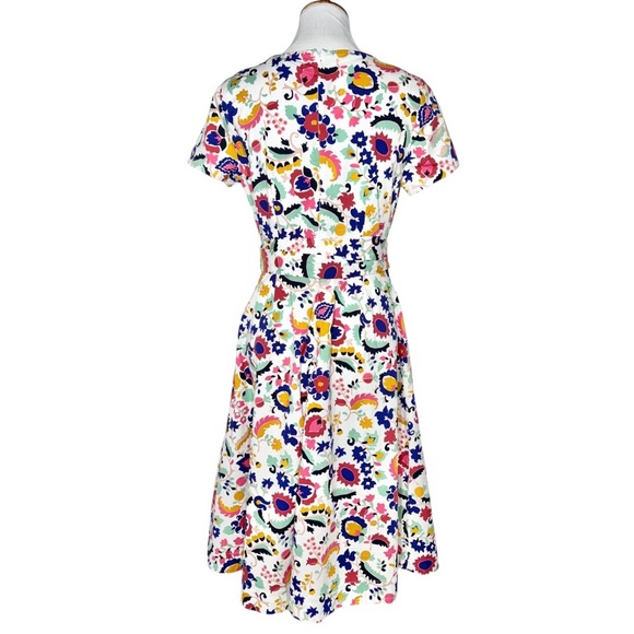 SOLD-Boden Colorful Artsy Flower Faux Wrap Short Sleeve Knee Length White Dress - Picture 4 of 10